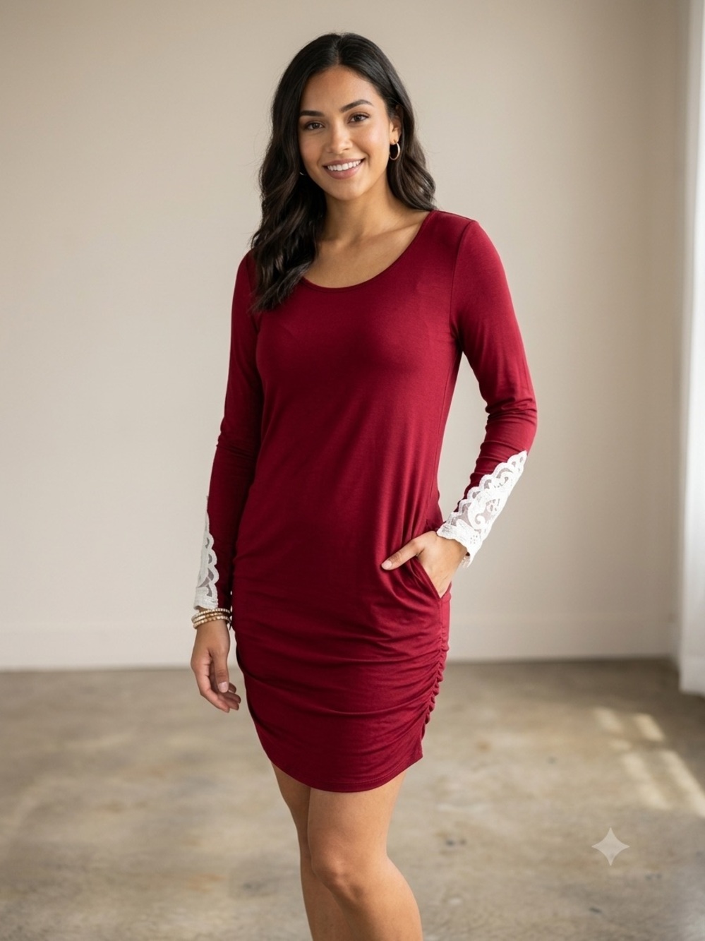 Scoop Neck Burgundy Long-Sleeve Dress with Lace Cuffs